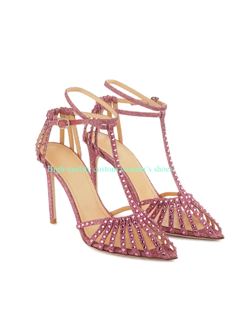 

Thin Strap Combination Hollow Out Summer Summer Luxury Women's Shoes Pink Covered With Rhinestones Shallow Stilettos Sandals