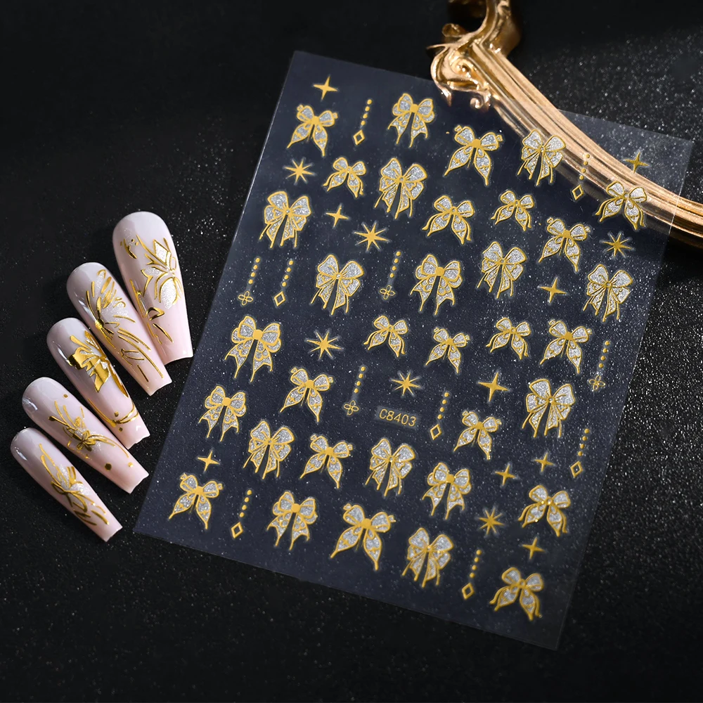 6 pçs/set 3d borboleta/flor/fita unhas adesivo rosa/ouro/prata oco flor arco auto-adesivo slider floral manicure decalque