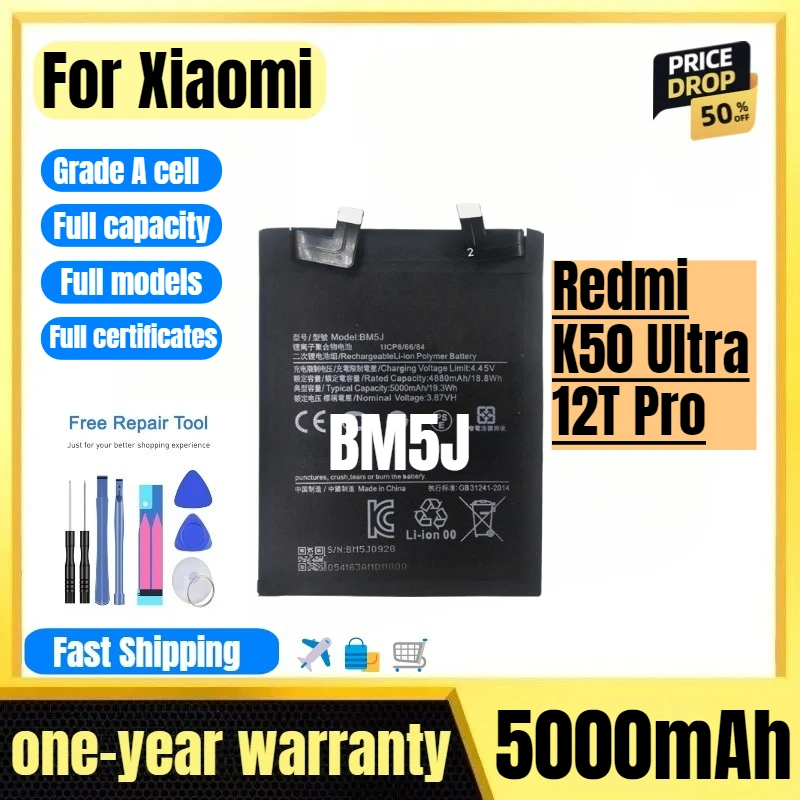 

BM5J for Xiaomi Redmi K50 Ultra/12T Pro Phone Battery High Quality High Capacity Replacement Bateria Grade A Cell with Tools