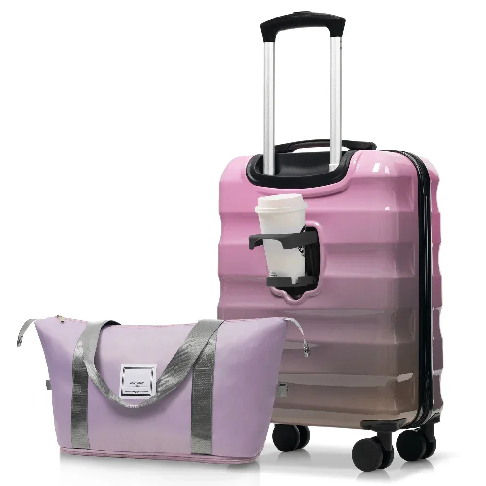 2 maletas de cabina con portavasos, ligeras, de material rígido y con acabado brillante, con ruedas giratorias, aprobadas para uso en aerolíneas, juego de 2 piezas.