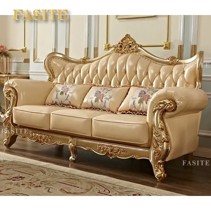 For Luxury European Style Villa Living Room Sofa Set Champagne Gold Solid Wood Carving Leather Combination Furniture
