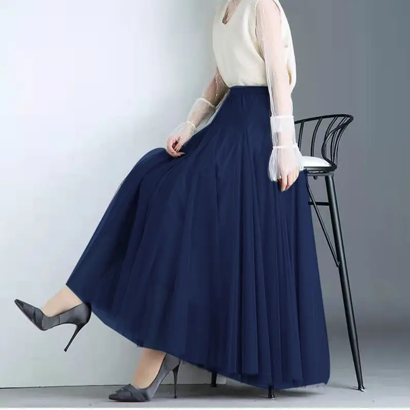 Women's Autumn and Winter New Fashion Elegant Solid Color Mesh Splicing Simple High Waisted Elastic Mid Length A-line Skirt