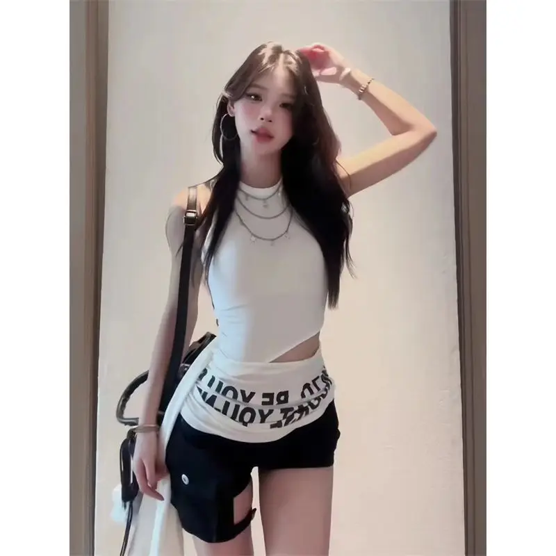 Sexy Hollow out Sleeveless Vest Women's Fashion Letter Print Slimming Top Summer Design Versatile Casual High Elasticity Poly...