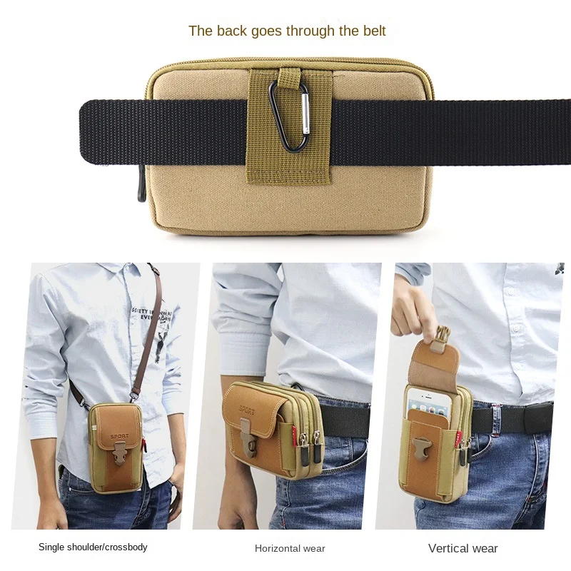 New Canvas Mobile Phone Bag Multi-functional Mobile Phone Cover Men\'s Crossbody Bag Canvas Wear-resistant Waist Hanging Bag