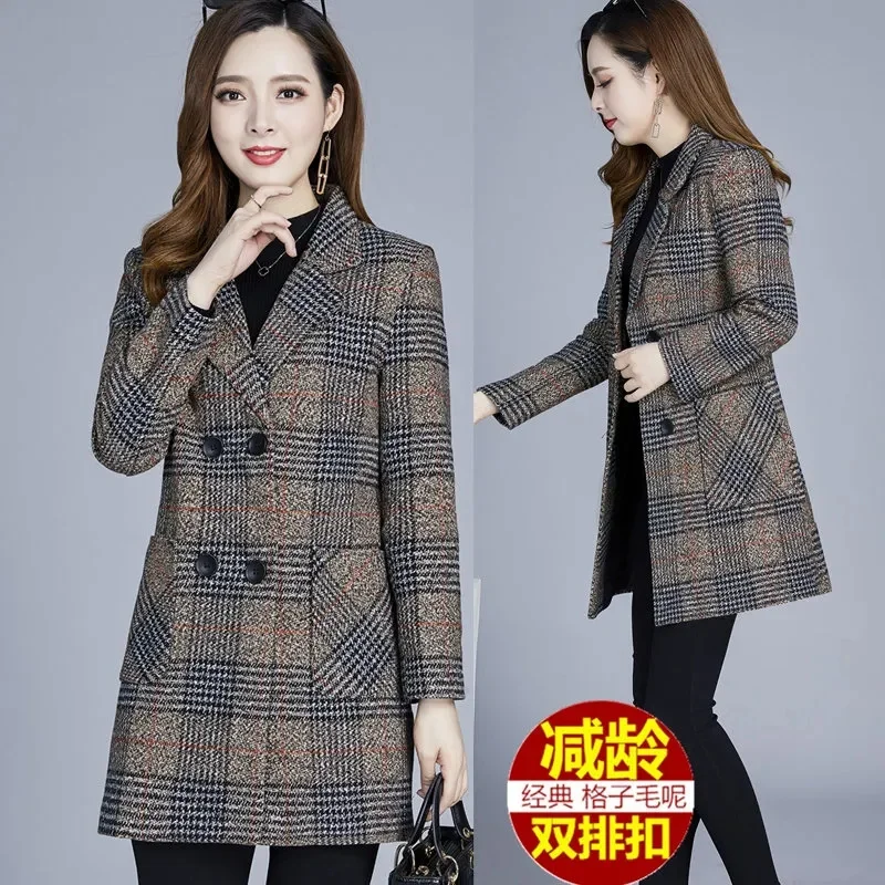 Velvet Woolen Coat Women\'s Mid-Lnng Slim-Fit Plaid Trench Coat Korean Version 2022 Autumn And Winter Fleece Plaid Woolen Jacket