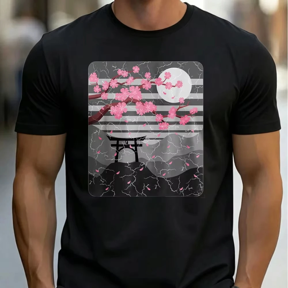 Japanese Sakura Torii Gate Full Moon Retro Texture Graphic T Shirt Unisex Cotton Tee Asian Aesthetic Casual Fashion Wear Tops