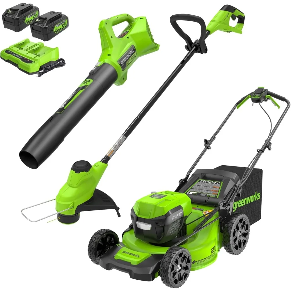 

2 x 24V 21" Brushless Cordless (Self-Propelled) Lawn Mower + Blower (320 CFM) + 12" String Trimmer