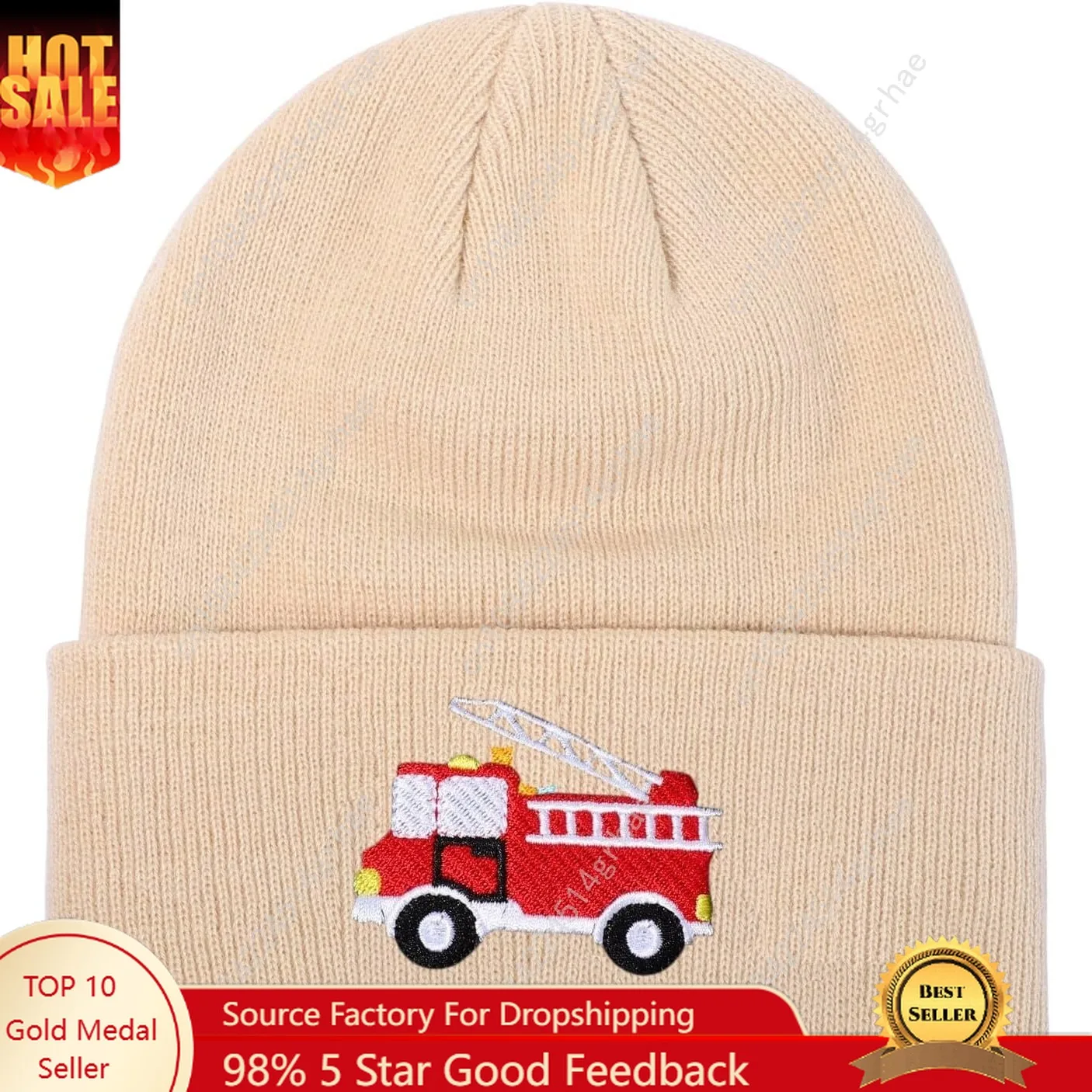 

Knit Beanie Cute Fire Trucks Embroidery Warm Cuffed Skull Caps Classic Autumn Winter Hats for Boys Girls 3-8 Years