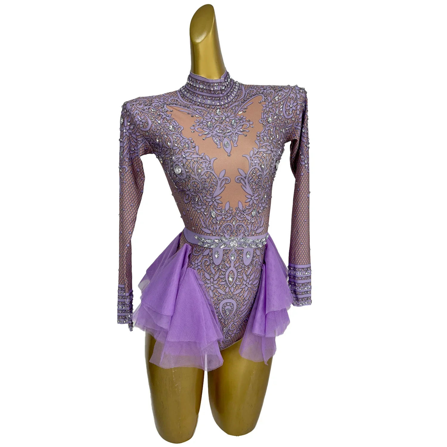 Putong Stage Singer Show Dance Bodysuit Sparkly Rhinestones Ruffle Long Sleeve Leotard Women Nightclub Party Concert Costumes