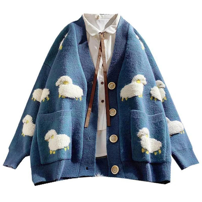 

Oversize Sweater Cardigan Cute Cartoon Sheep Knitwear Long Sleeve Coat for Women