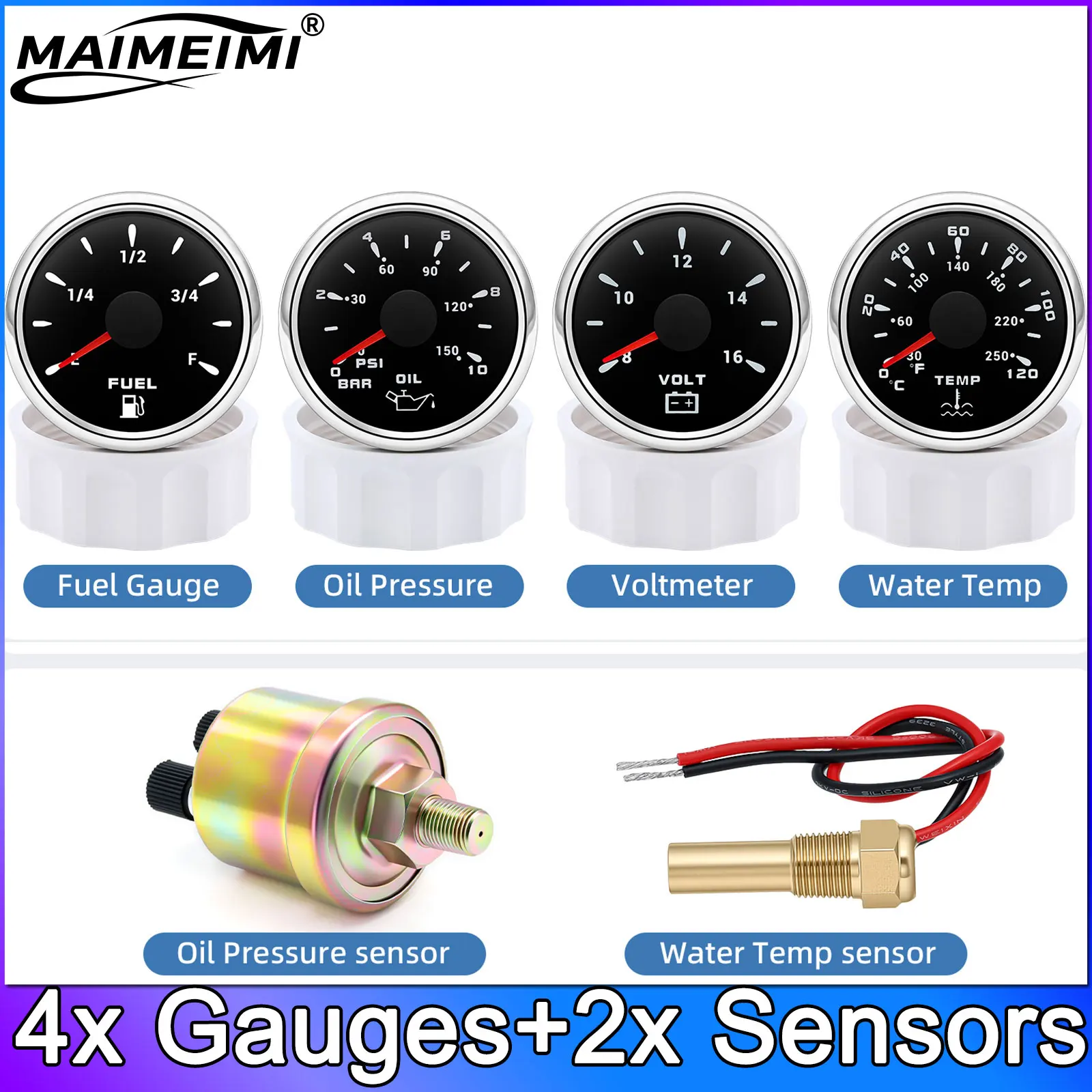 

4pcs Gauge +Sensors 52MM Fuel Level Indicator 240-33ohm Water Temperature Gauge+Voltmeter+Oil Pressure Meter 10 bar 150 psi