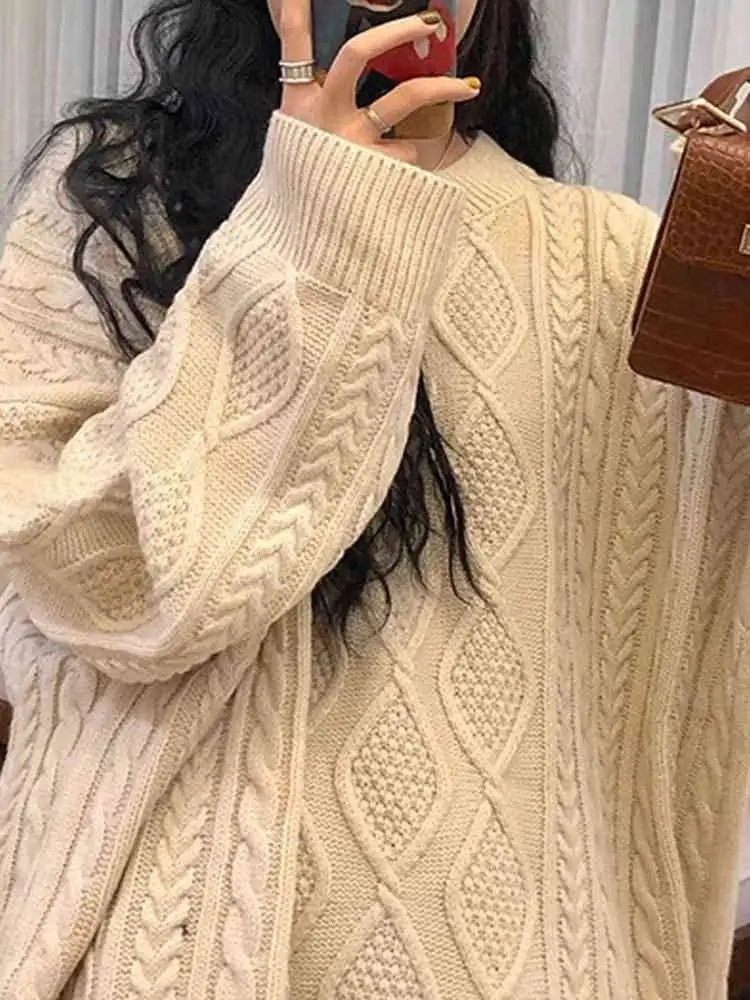 Women Chunky Cable Knit Sweater Pink Ivory Crew Neck Oversized Jumper Pullovers Autumn Winter Outfit