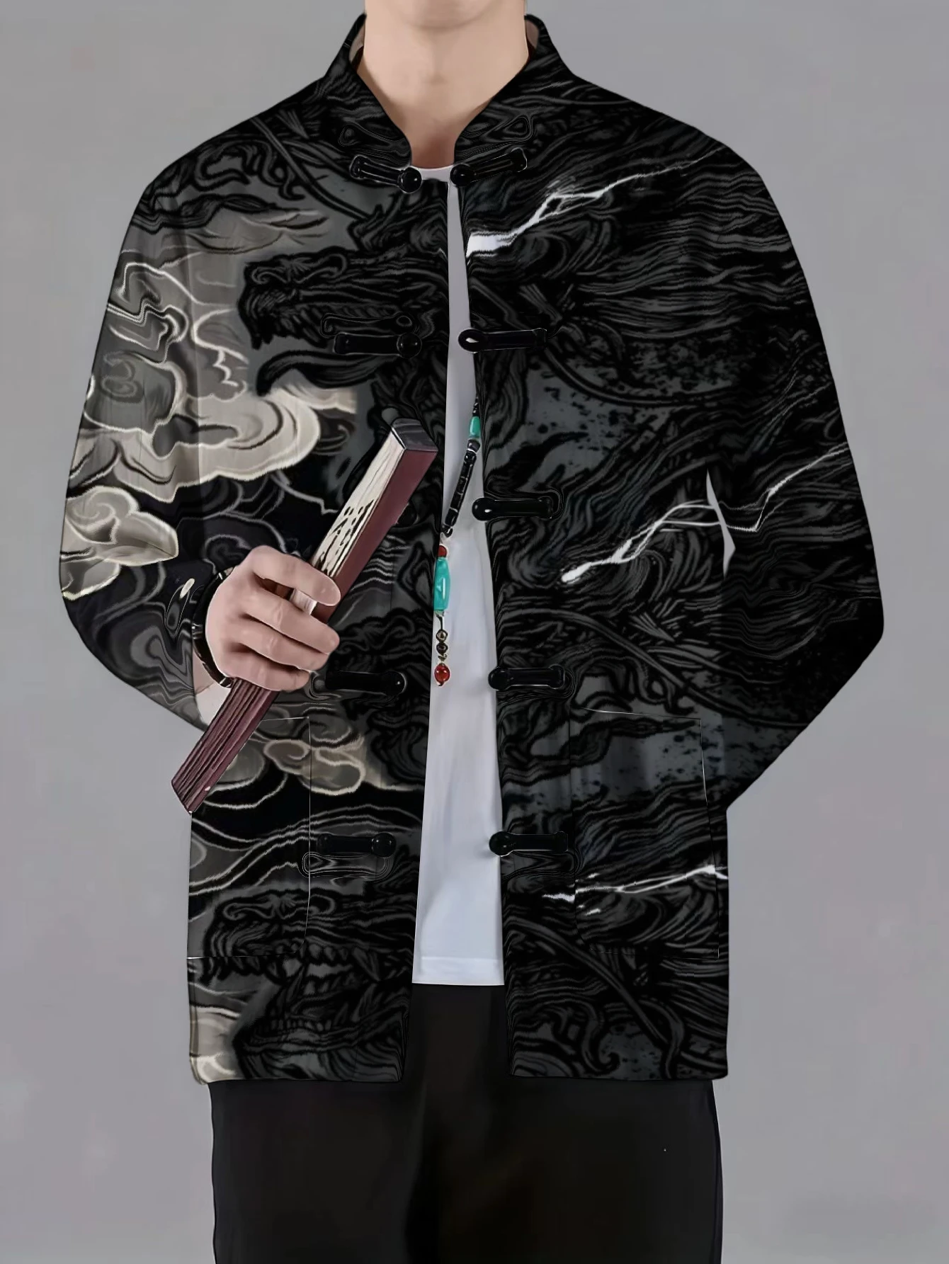 Men Chinese Style Tang Suit Jacket Mandarin Collar Frog Button Black Dragon Cloud Print Long Sleeve Casual Outerwear For Street