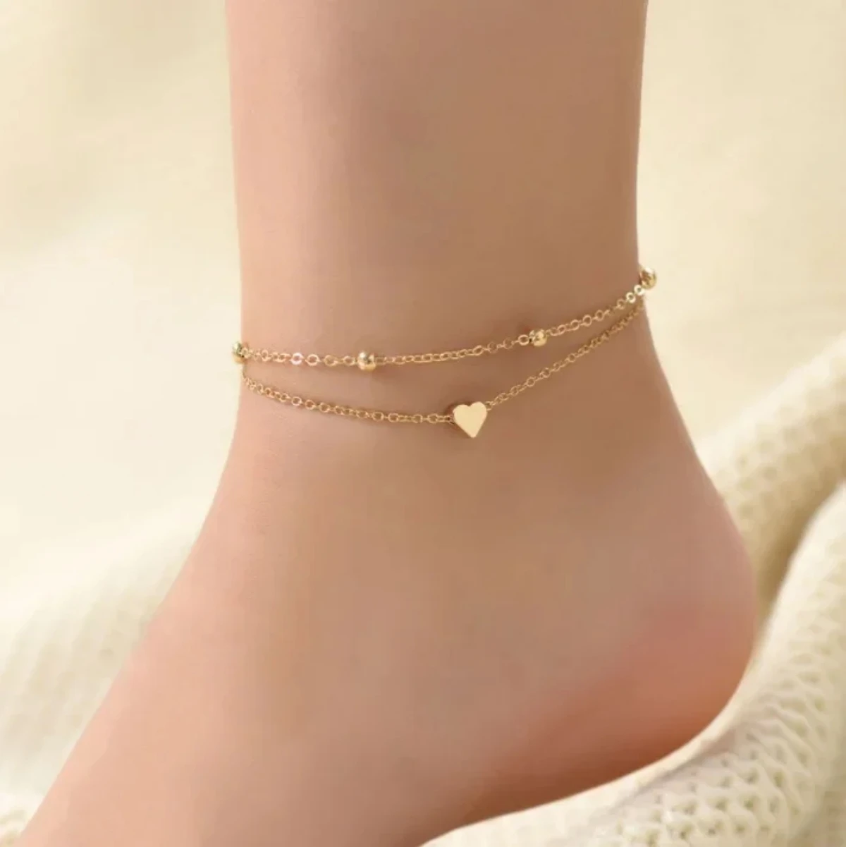 2024 Women Summer Round Bead Chain Love Anklet Simplicity Temperament Double-deck Holidays Ankle Bracelet