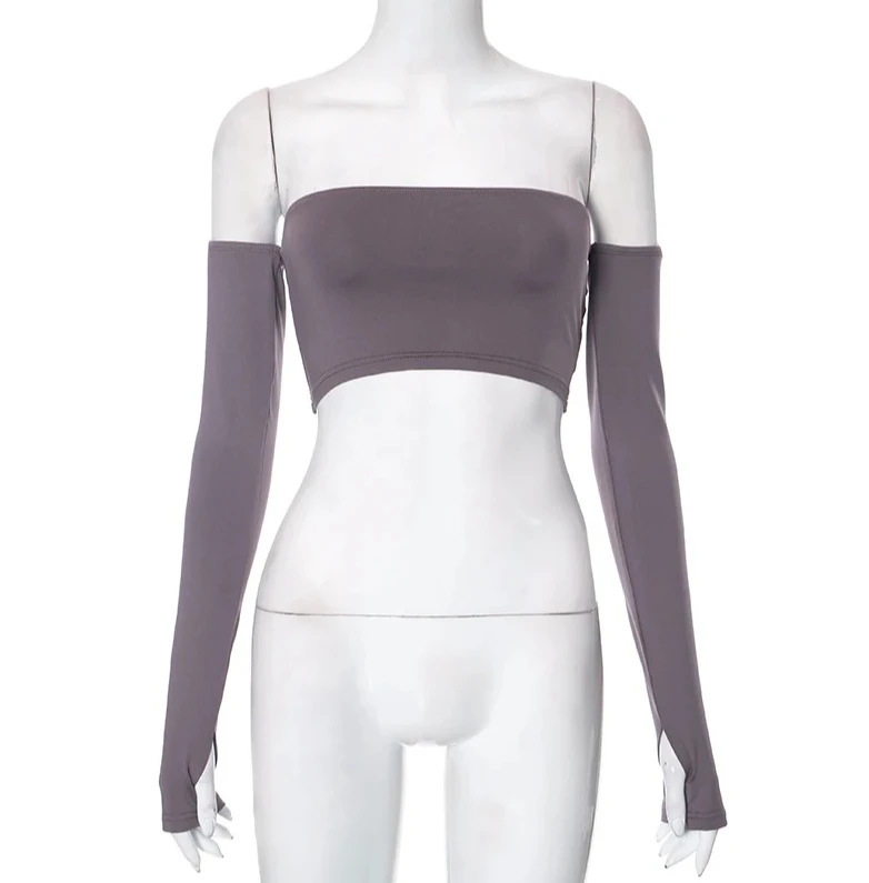 가을 신상 여성 의류 컬러 블록 오프숄더 긴팔 랩 크롭탑 아메리칸 레트로 섹시 핫걸 세트