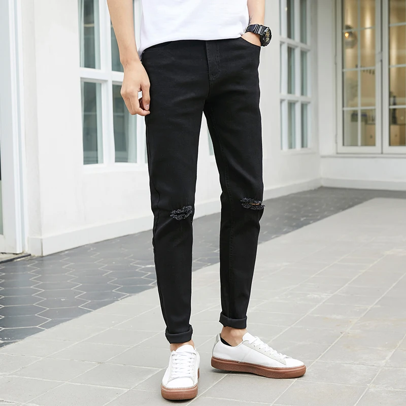 

Men's Slim Fit Korean Fashion Jeans for Autumn Knee-length Ripped Soft Cotton Denim Trousers Male Teens Stretch Straight Pants