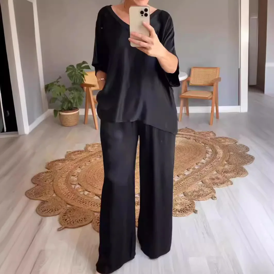 Summer Short-sleeved T-shirt Two-piece Solid Color V-neck Top Pullover Wide-leg Pants Suit For Women Spring Loose Satin Suit