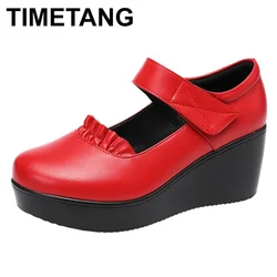 TIMETANG 6cm medium heel platform shoes for women platform round head red big size 32 to 43 woman shoes high heels