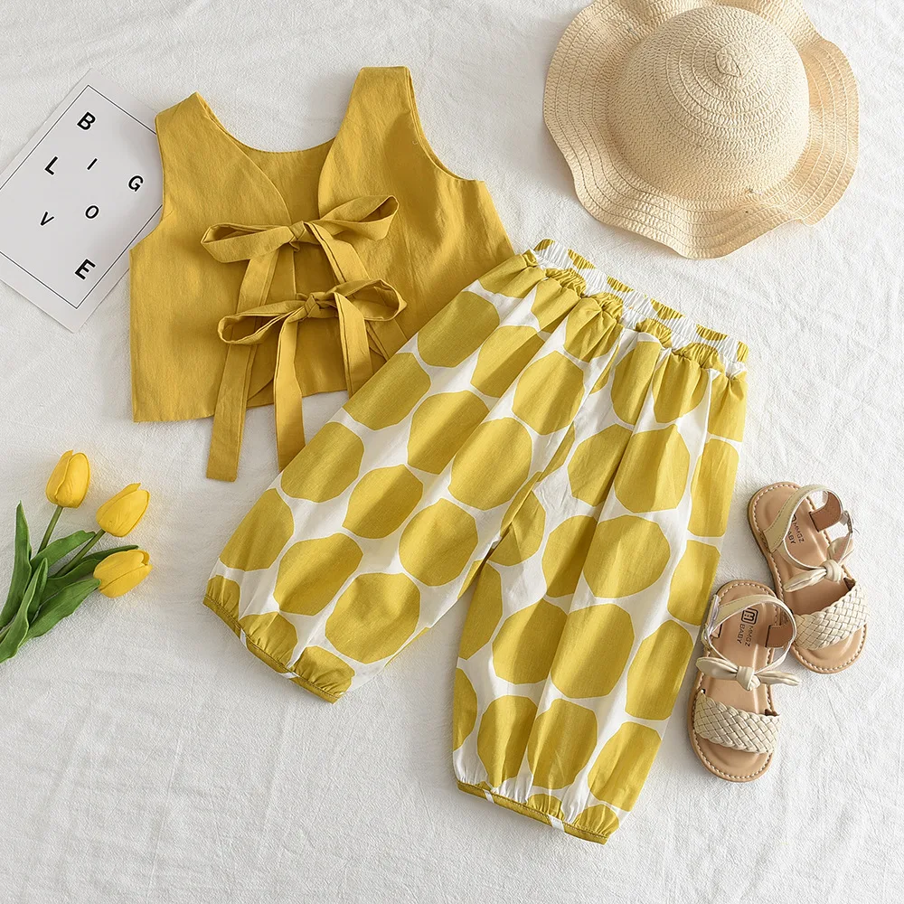 Summer New Fashionable Street Style Korean Version Bow Vest Top+polka Dot Lantern Pants Girl Set with Hat Included