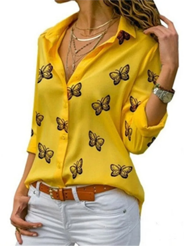 Camisa con estampado de mariposa multicolor, cuello suelto, botones cómodos, camisa de viaje, primavera y verano, nueva moda