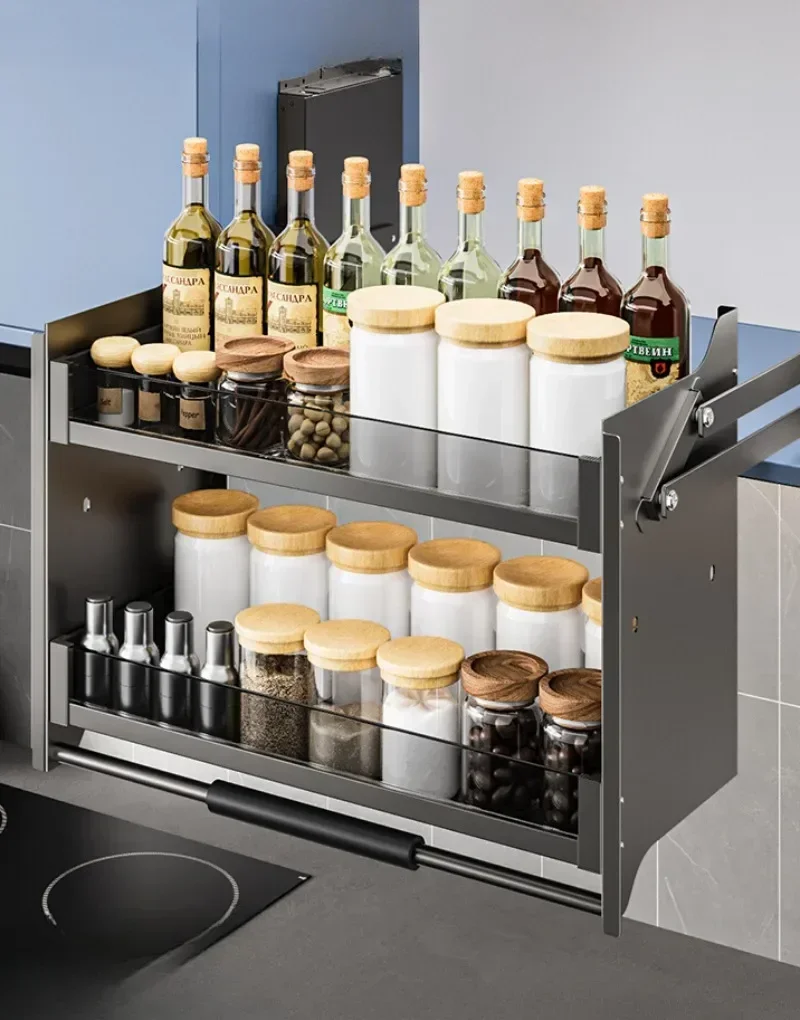 HOT SALE Kitchen Cabinet Lift Pull Basket Cabinet Up and Down Buffer Door Seasoning Basket Pull Down Kitchen Cabinet