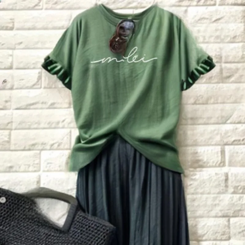 

2025 Summer New Round Neck Printed Short Sleeved Top with Elastic Waist and Pleated Half Skirt Two-piece Set