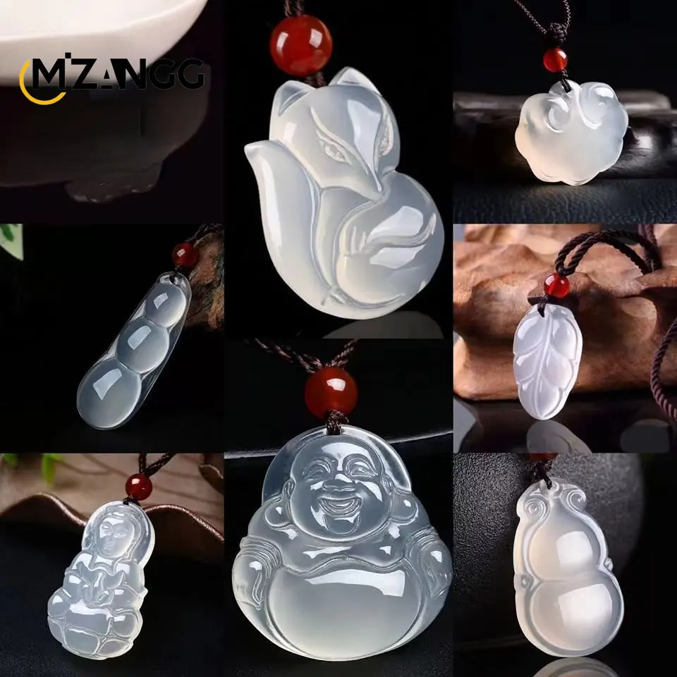 Ice Kind chalcedon wisiorek budda Guanyin Pixiu Fu Bean wisiorek naturalny jadeitowy naszyjnik Amulet na szczęście mężczyzn i kobiet prezent