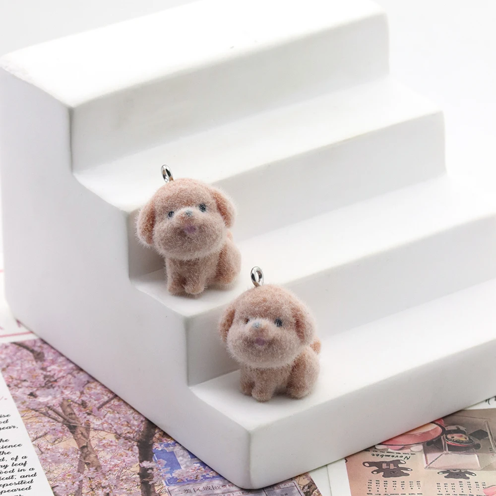 10 PCS Resin Flocking Brown Puppy Pendant Cute Plush Dog Doll Charms for Necklace Keychain Earrings DIY Jewelry Making Wholesale