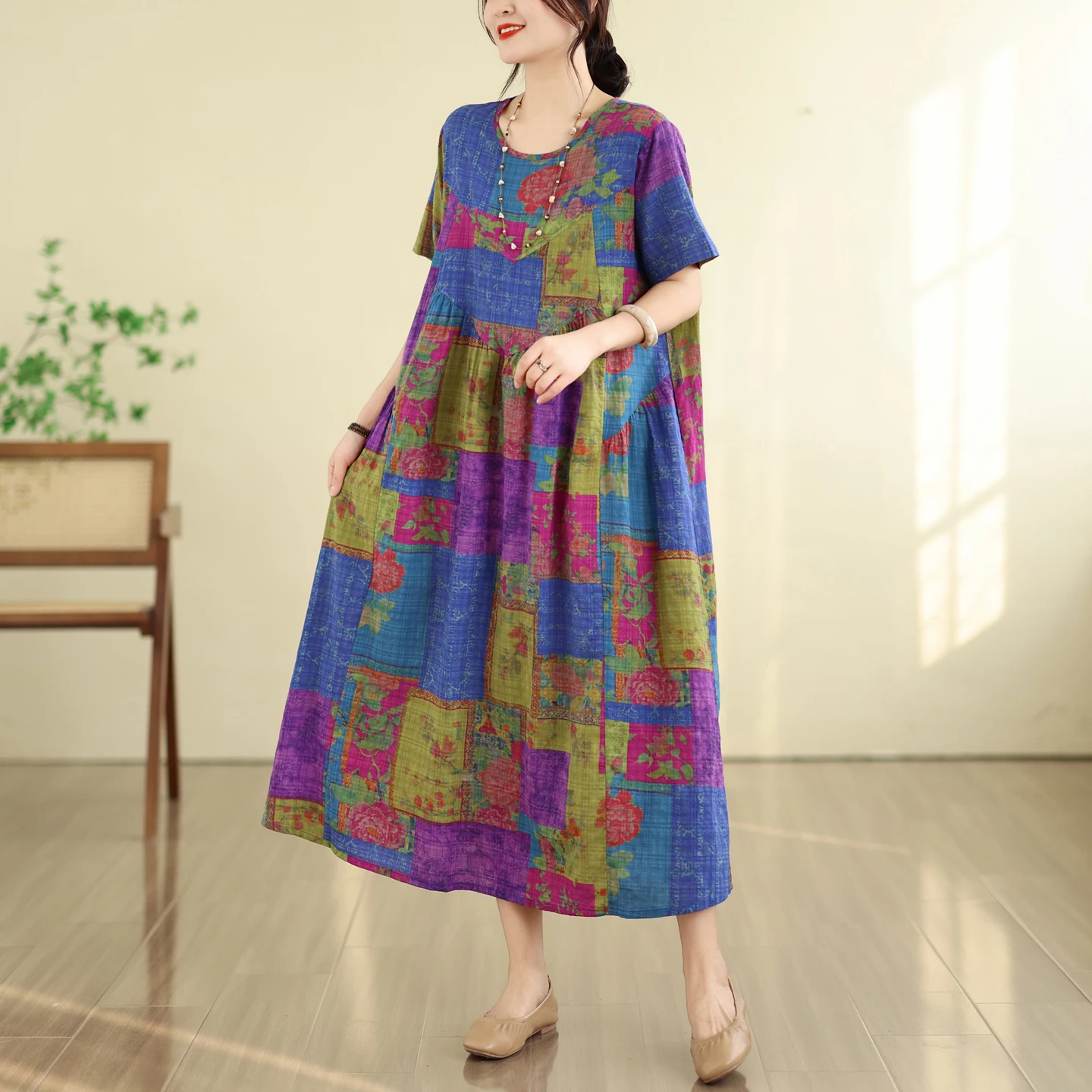 

Summer New Vintage Bamboo Fiber A-Line Dress Women's Loose Slimming round Neck Pocket Short Sleeve Long Dress Artistic Style