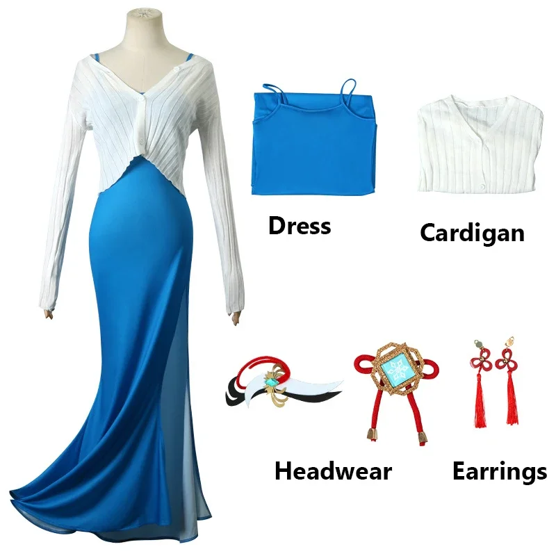 Game Genshin Impact Shenhe Cosplay Costume para Mulheres, Vestido Camisola Azul, Cardigan De Malha, Roupas De Carnaval, Adulto