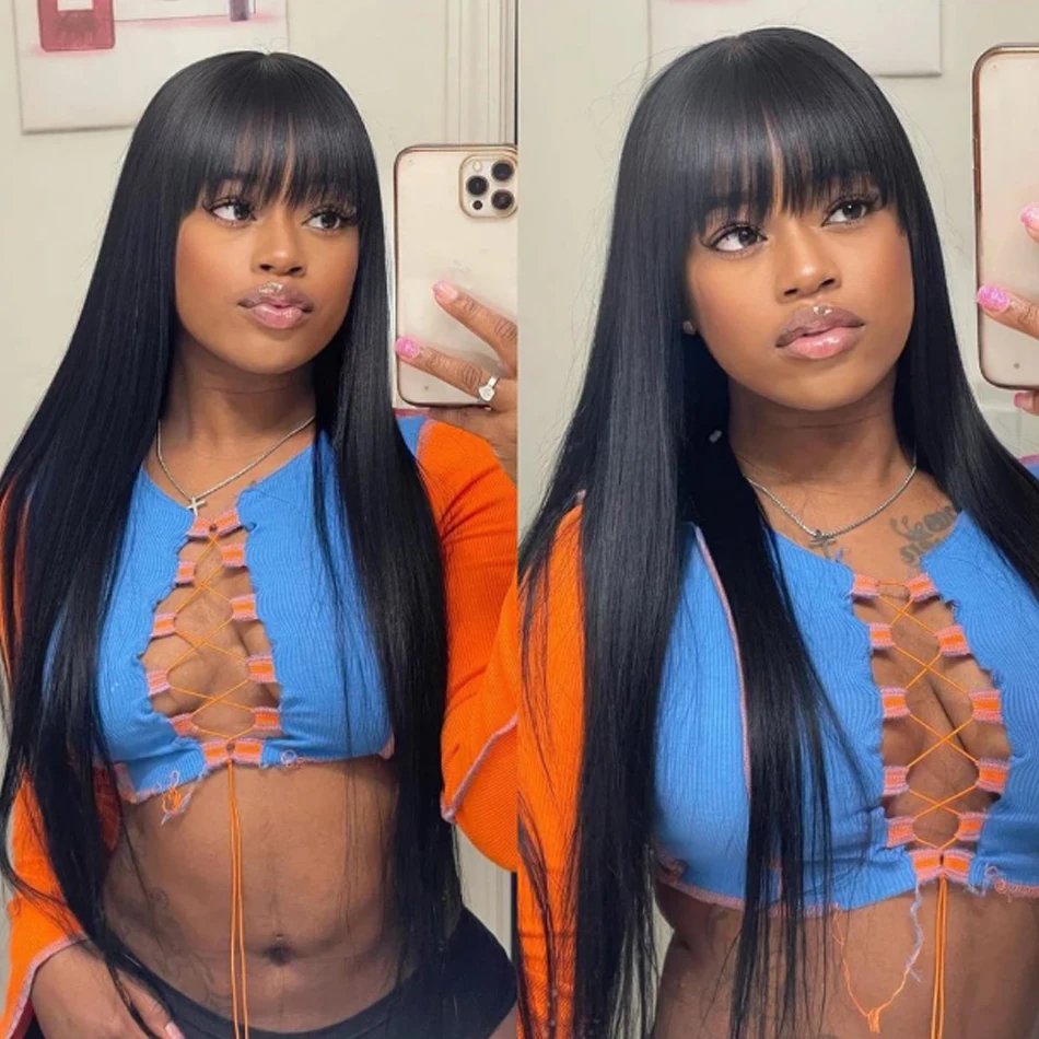 Natural Black Bone Straight Human Hair Wig With Bangs 30Inch Glueless Brazilian 3x1 Lace Wigs Full Machine Made Wig