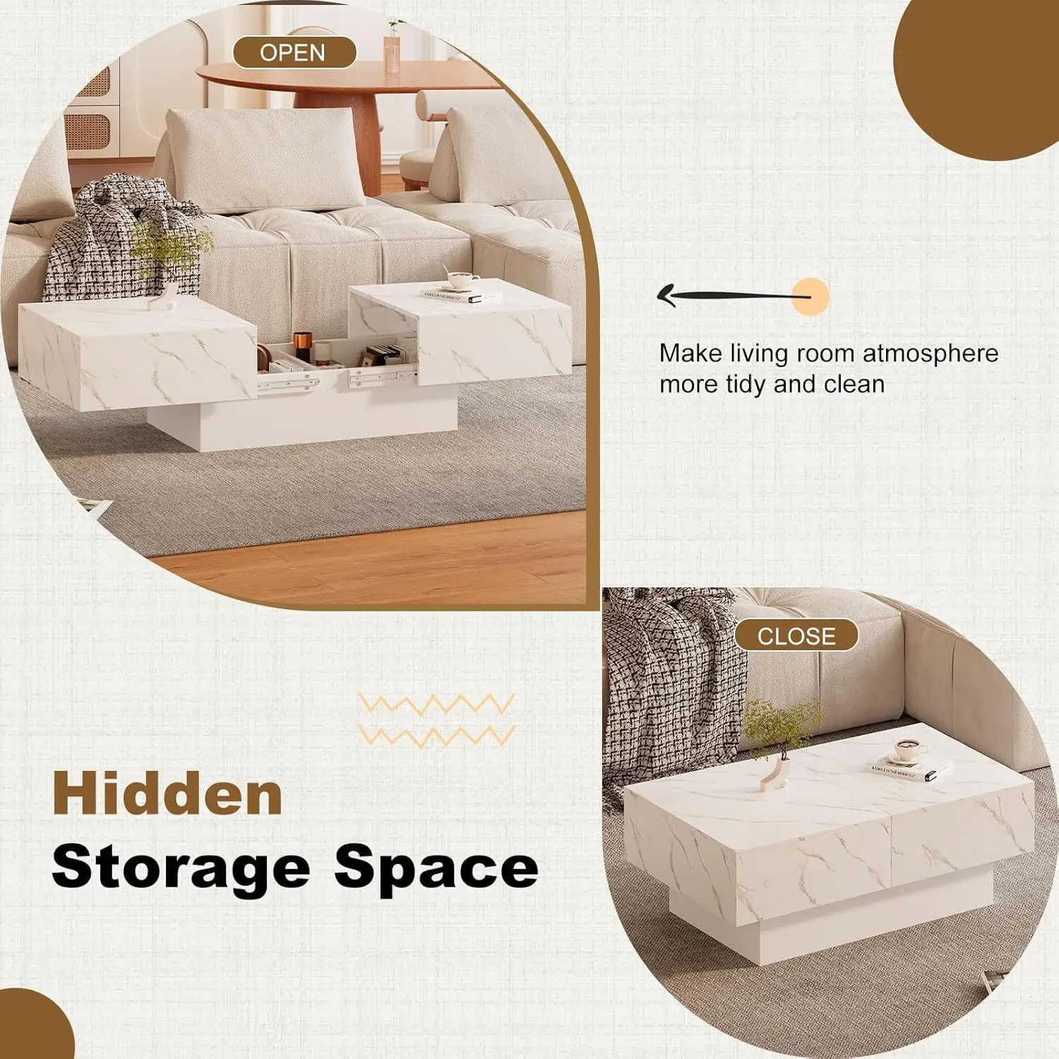 طاولة قهوة من الرخام الأبيض مع مساحة تخزين كبيرة، طاولة مركزية للمزرعة لغرفة المعيشة Mesas De Centro para Salas Modernas Nesting