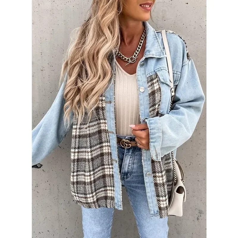 

Women Autumn Warm Casual Denim Coat Single Breasted Jacket Long Sleeve Plaid Outwear