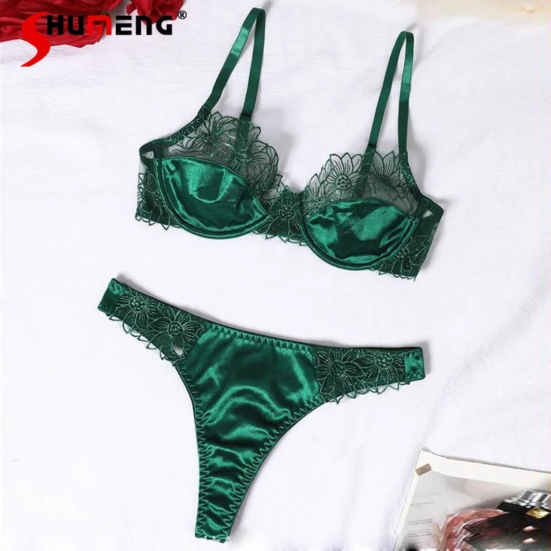 

French Style Luxury Pure Desire Underwear Women's Satin Sexy Lingerie Bra Set Girls Underwire Push Up Intimates Brief Suits