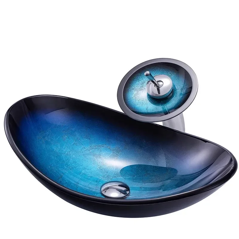 

Fashion Blue Tempered Glass Basin Deck Mounted Vessel Single Handle Control W/Waterfall Water Mixer Taps Creativity Bathroom Set