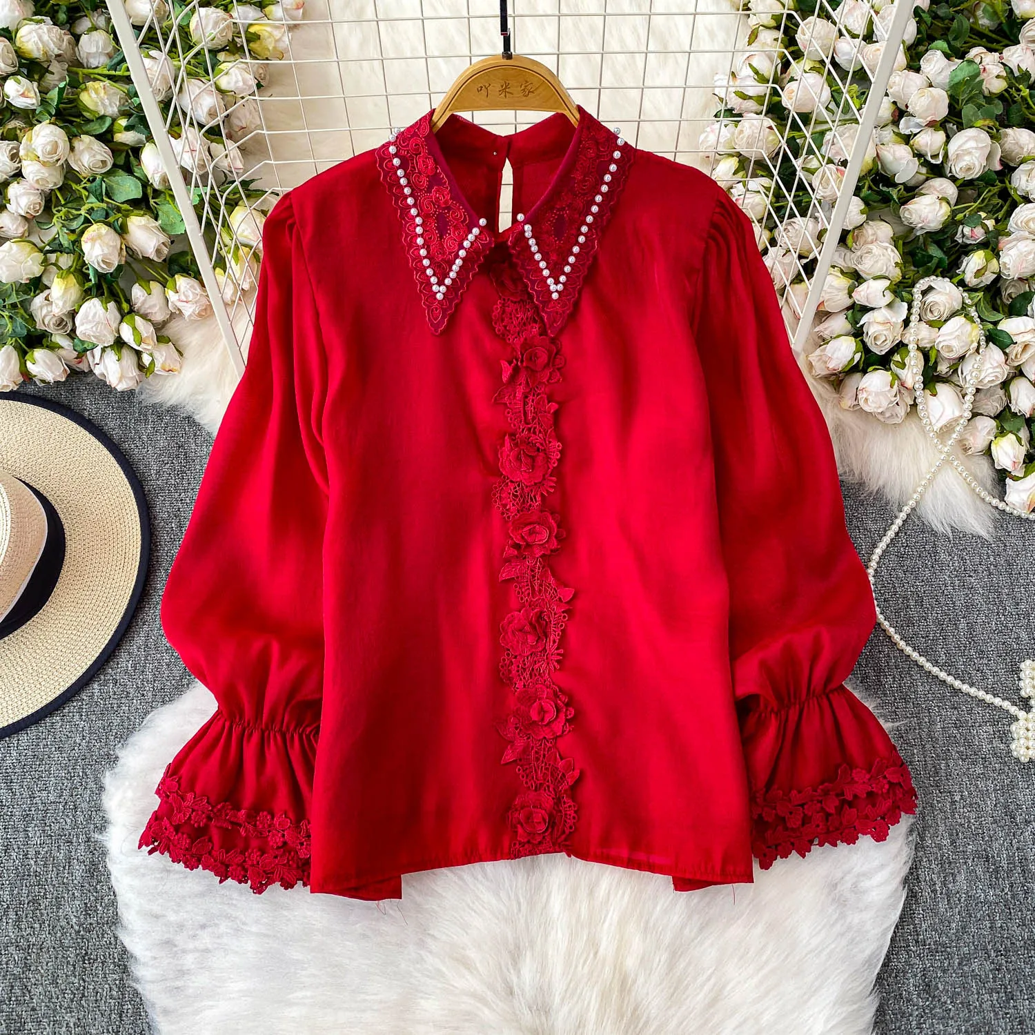 

French Lady Embroidered Beaded Blouse Lace Bell Sleeves Peter Pan Collar