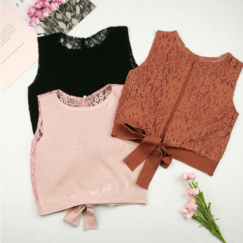 Sexy Damen Patchwork Baumwolle Spitze gestrickt Tanktops Sommer ärmellose Streetwear y2k Crop Top Spitze Stickerei aushöhlen Tops