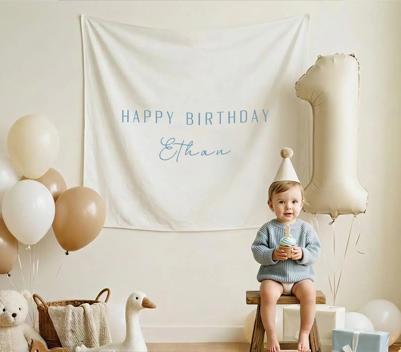 Toile de fond personnalisée pour le 1er anniversaire, bannière en tissu personnalisée, style minimaliste bohème, fond joyeux anniversaire pour la décoration de la fête de naissance