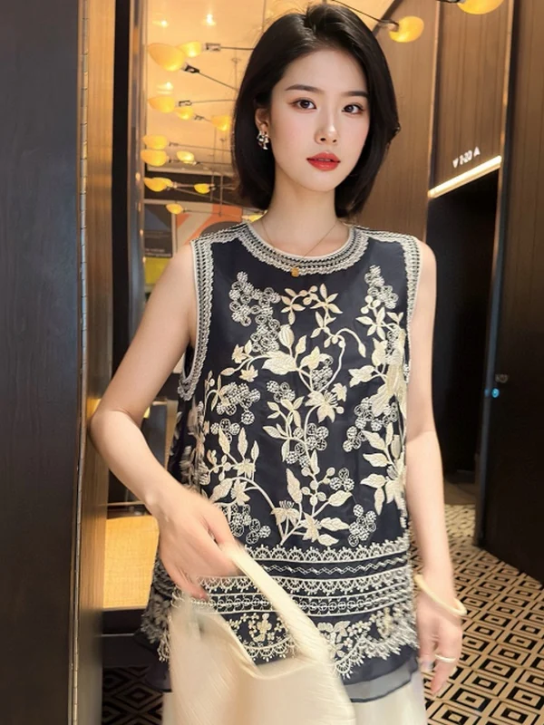 Nieuwe Chinese Sle Zijden Kant Borduren Top Svel Vintage Zomer irt Dun Materiaal Comfortabel om Casual Werkkleding te dragen