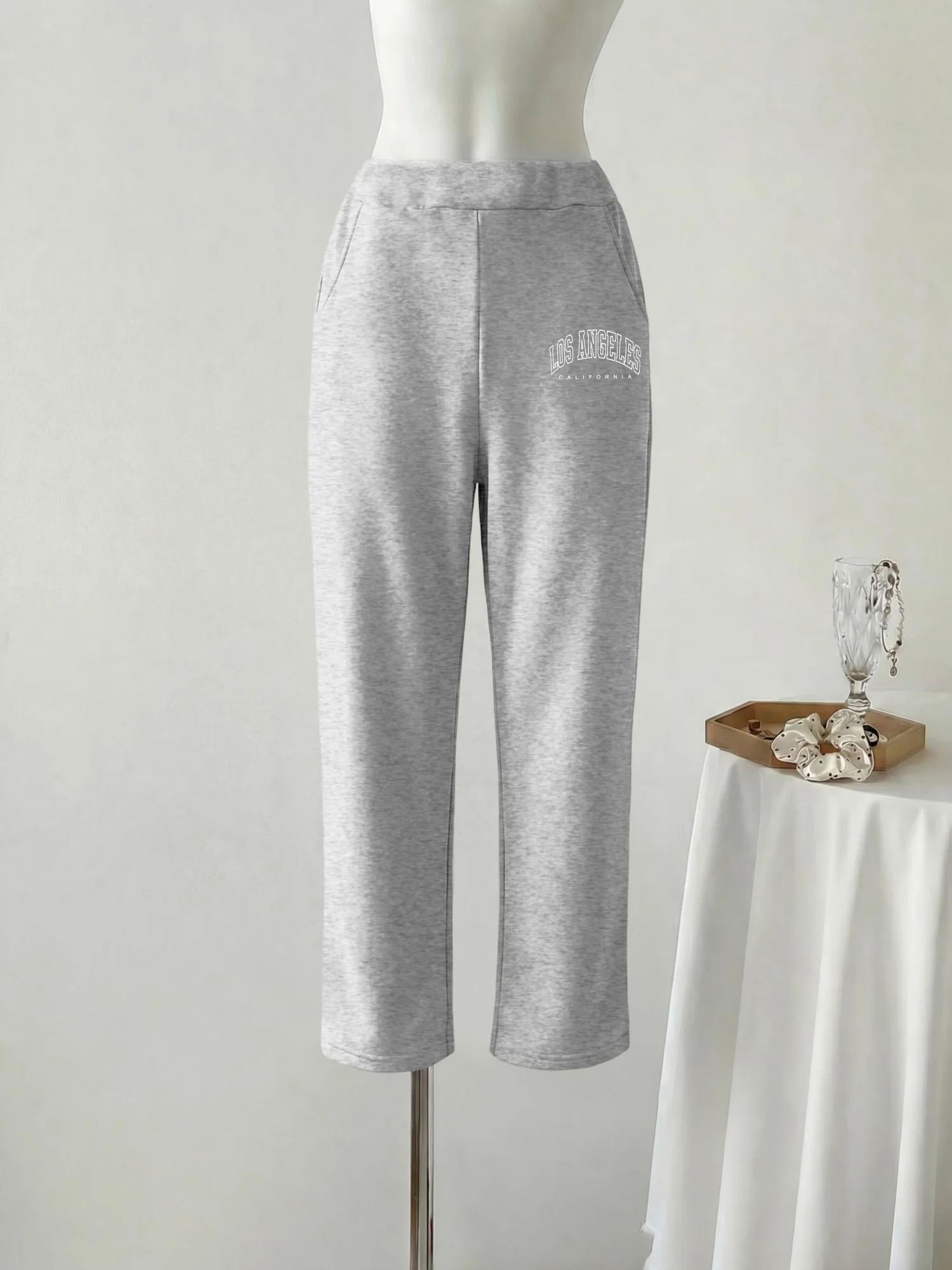 

Los Angeles Letter Print Pants, Loose Straight Trousers, Breathable Fabric For Daily Jogging