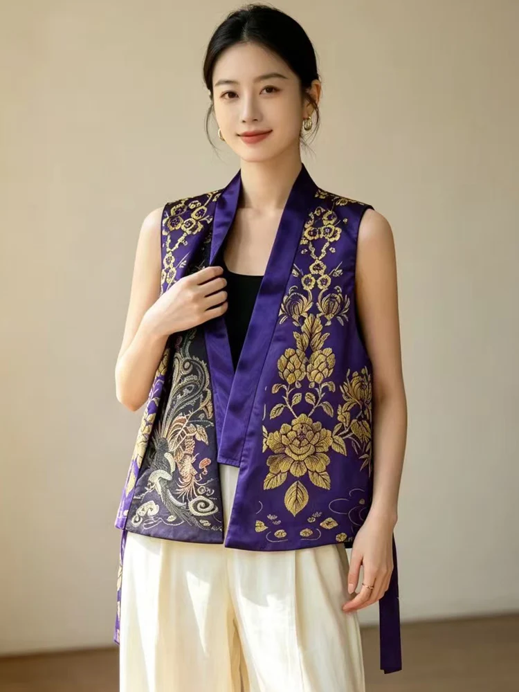 Spring And Autumn New Exclusive Design V-Neck Old Satin Fabric Hidden Buckle+Belt Unique Elegant Women's Vest M-L