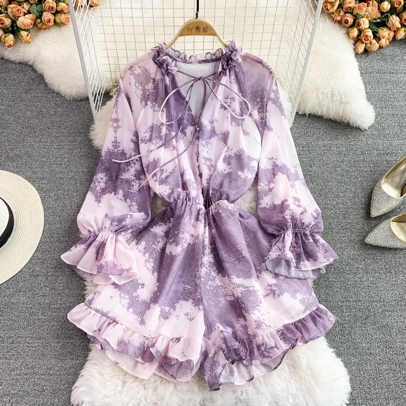 Printed Loose Women Bodysuits Fashion Tie Dye Shorts Jumpsuits Long Sleeve Bodysuit One Piece Bodies Female Playsuit 2022