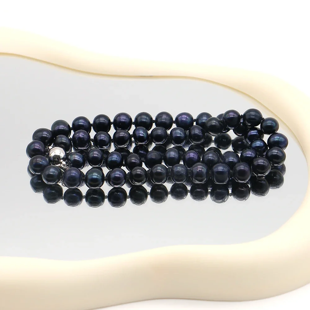 Exquisite Fashionable Natural Freshwater Dyed Black Round Pearl Straight Hole Necklace Jewelry Accessory Gift 1strand 7-8mm