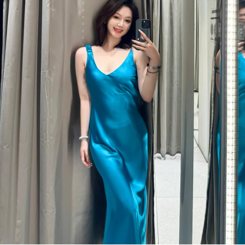Spring Summer New Sle Ele Silk Satin Long Midi Dr V-Ne Gown 2025 Faion Ladies' Dr Polyester Fiber 00%