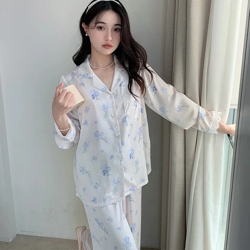 Blue Small Orchid Noble Sweet Women\'s Lace Pajamas French Lazy Elegant Aesthetics Sleepwear 2024 New Y2k Autumn Casual Nightgown