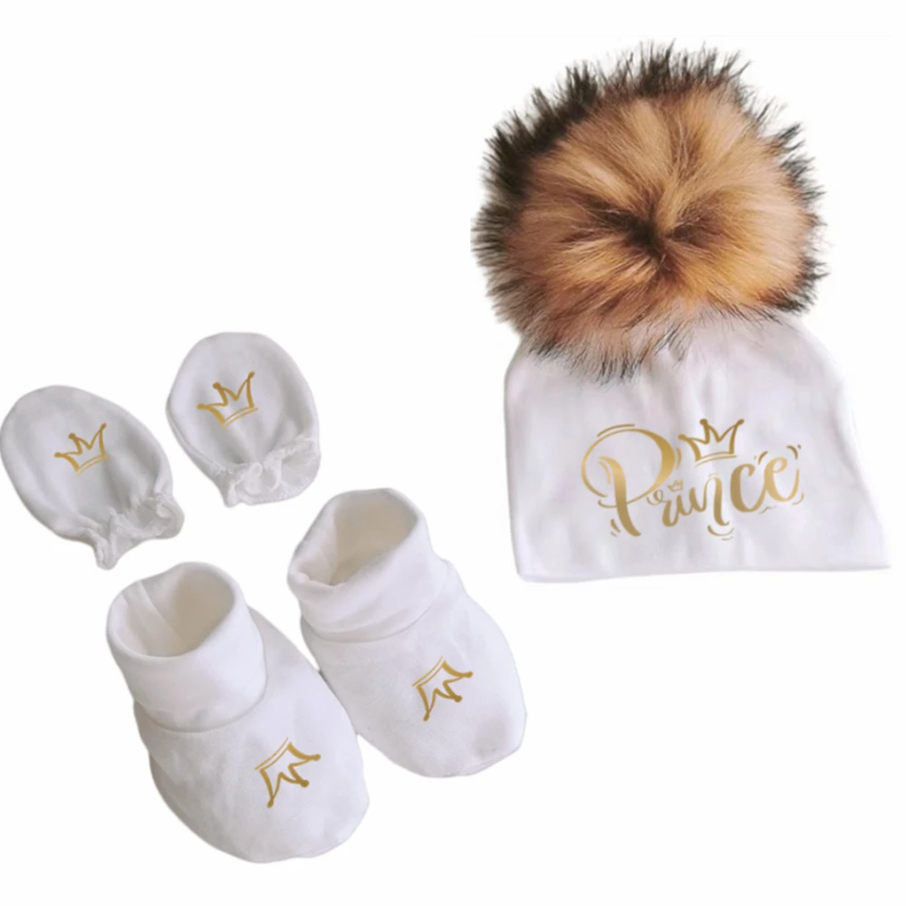 newborn baby hat gloves foot covers set photography props cotton beanie with detachable pompom hat beanie bonnet princess prince