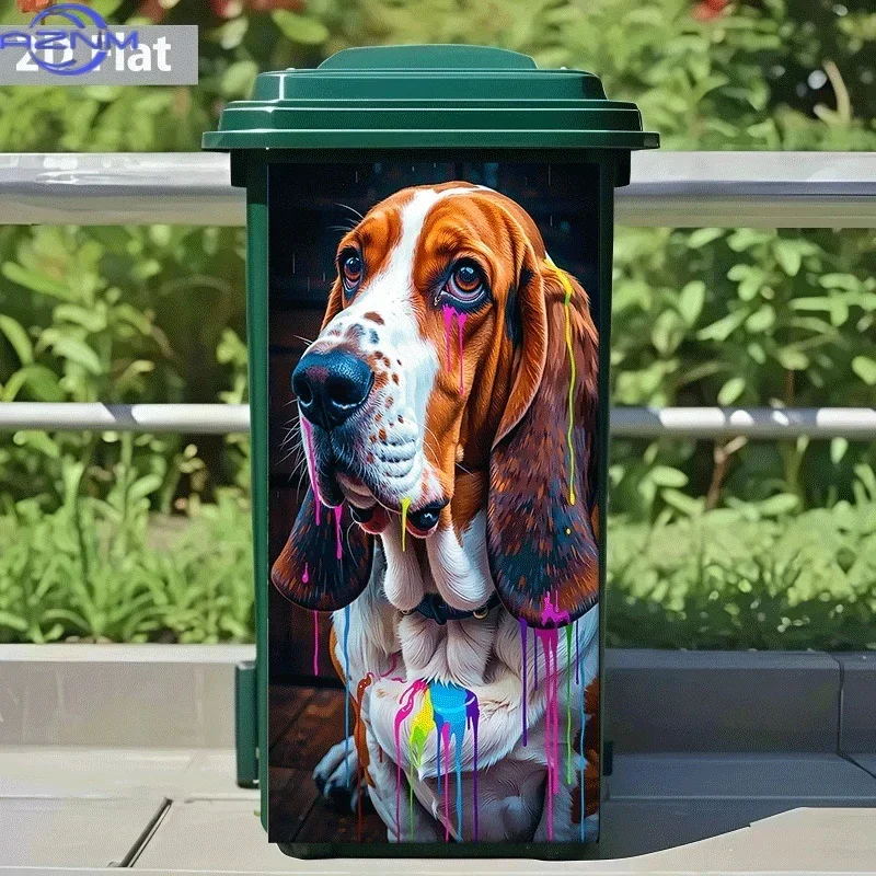 2D 1PCTrash Can Sticker, Colorful Ink Dye Basset Hound, Animal Themed Design, Self-Adhesive Wall Decal Wallpaper, Kitchen Tras