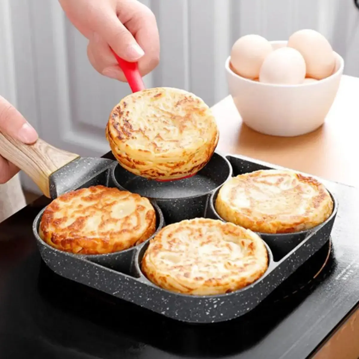 A67T NEW 4 Hole Nonstick Egg Omelette Grilled Steak Cooking Pan Hamburger Bread Breakfast Maker Induction Cookware Omelet Pan