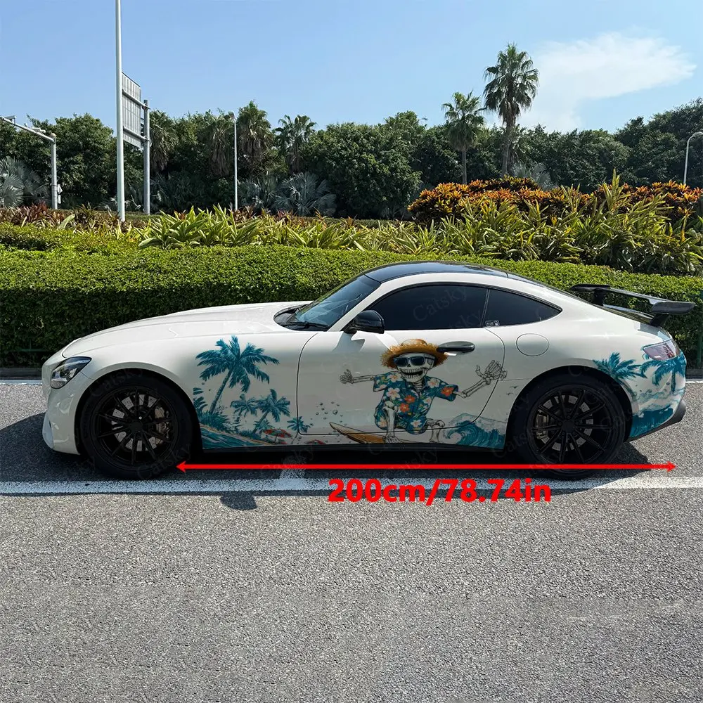 2pcs Vintage American Surf Skeleton Car Side Wrap, Self-Adhesive PVC Waterproof & Scratch-Resistant Stickers, Car Accessory Gift