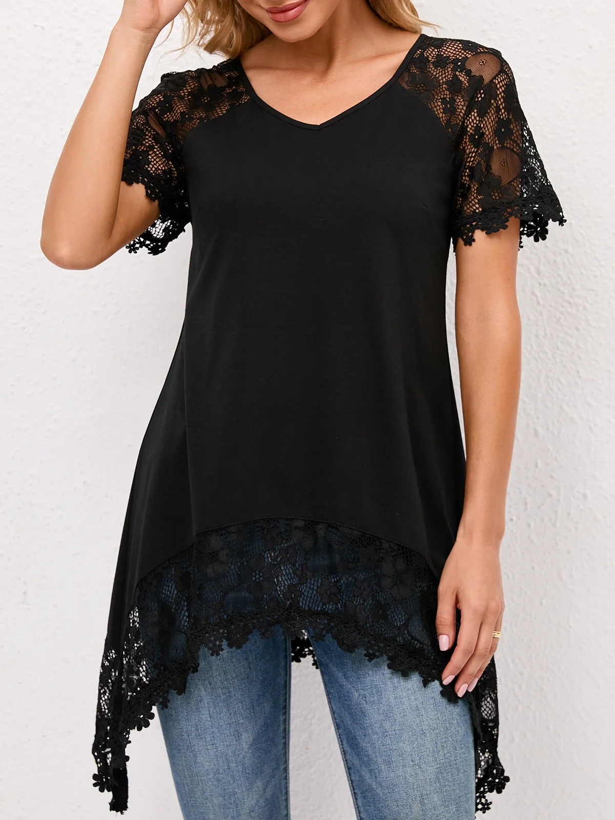 

Plus Size Lace Stitching Asymmetrical Hem V Neck Blouses